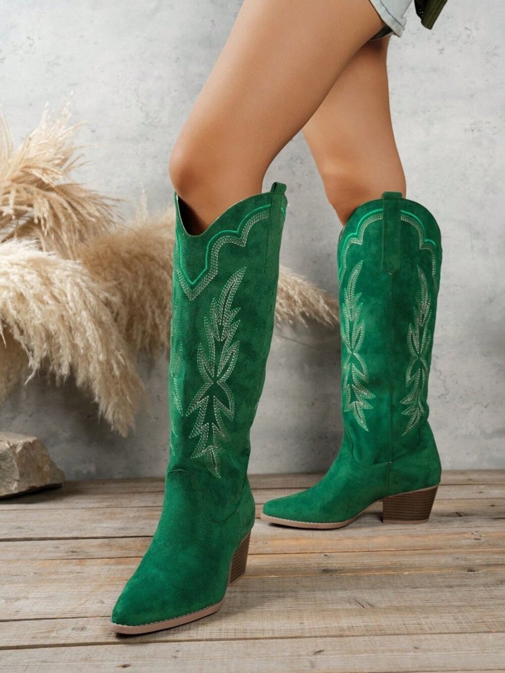 Green Western Women's faux Suede Embroidered Block heel knee high Cowboy Boots - Picture 3 of 5